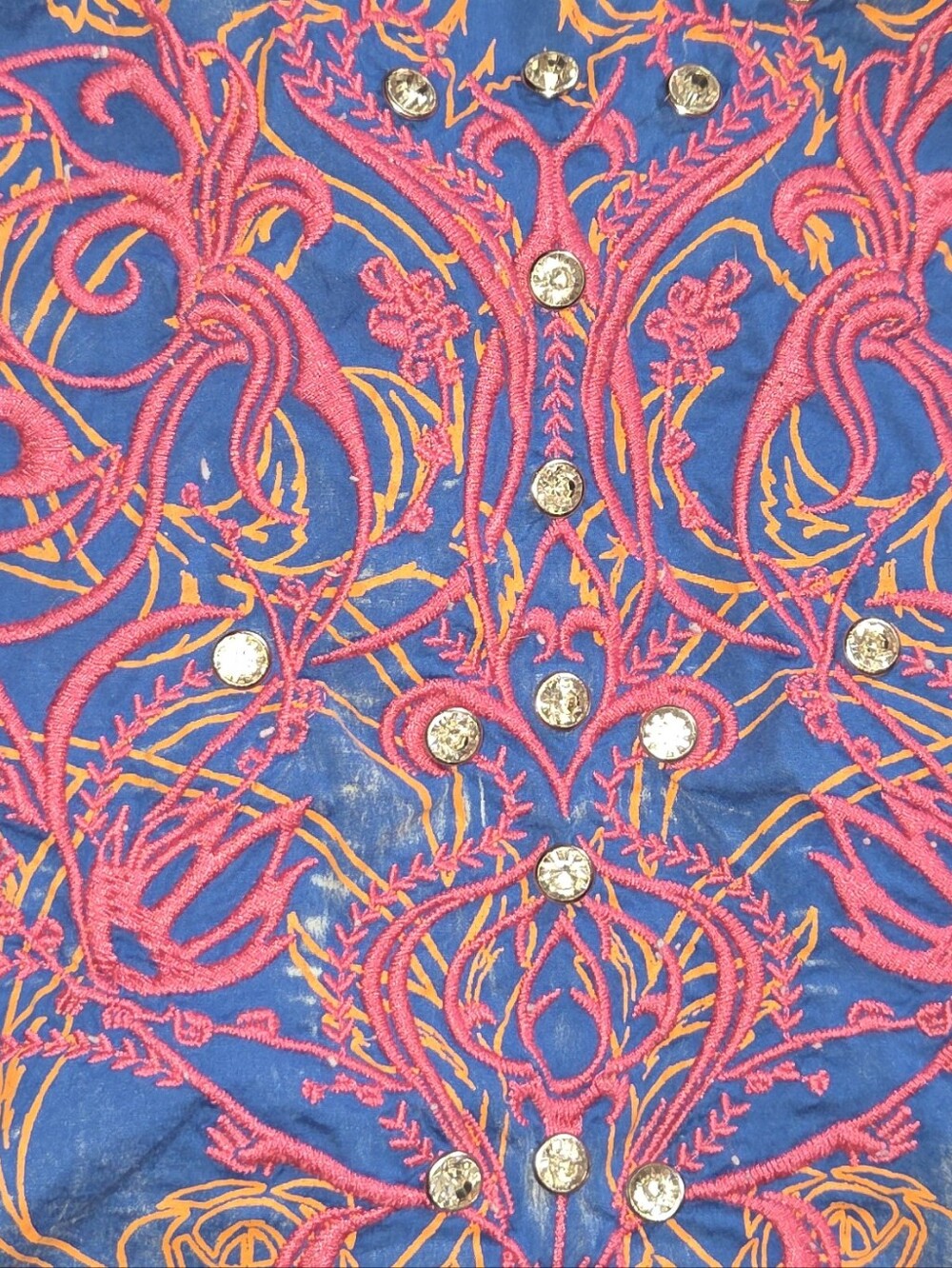 Roar Distressed Print Blue Shirt with Pink Embroidered And Embellished Trim Sz L - Picture 6 of 6